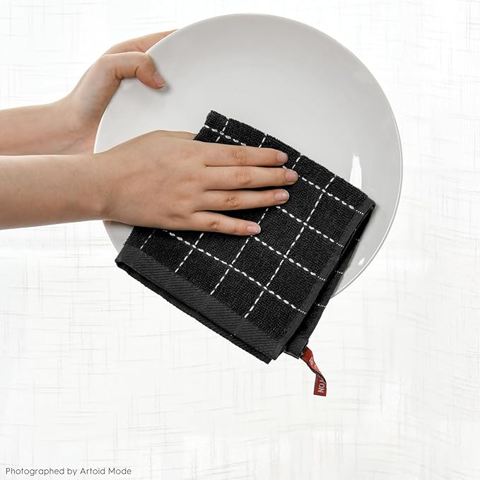 Artoid Mode Checkered Designed Cotton Black Terry Kitchen Dish Cloths, 12x12 Inch Soft Absorbent Quick Drying Cleaning Kitchen Rags Set of 6