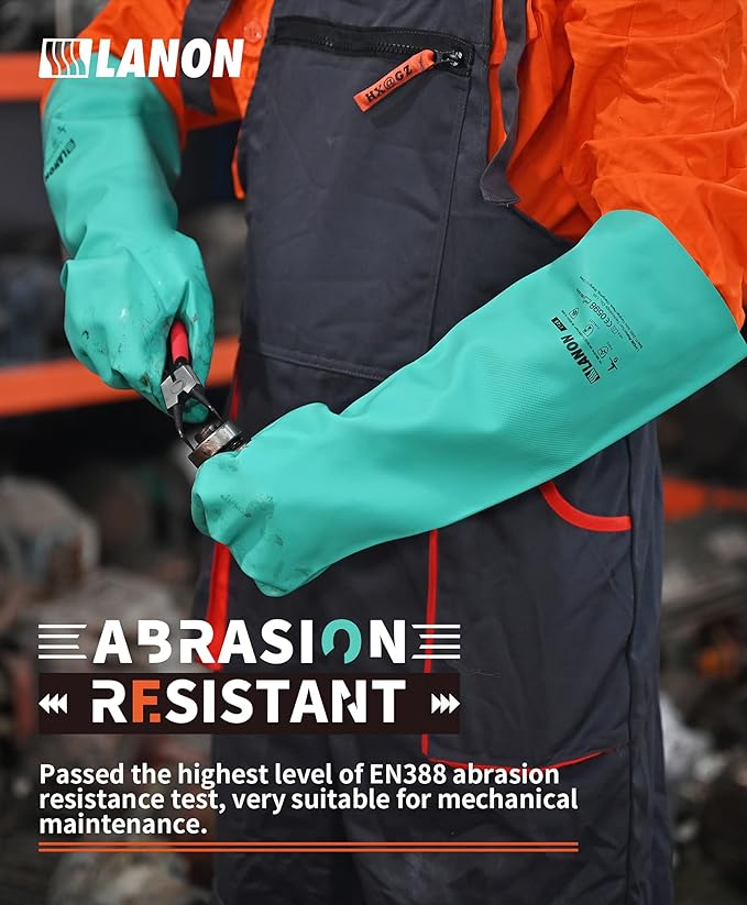 LANON Nitrile Chemical Resistant Gloves, Reusable Heavy Duty Safety Work Gloves, Acid, Alkali and Oil Protection, 18" Length, Non-Slip, XX Large