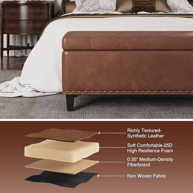 Storage Ottoman Bench, 51-Inch Large Storage Bench for Bedroom End of Bed, 30 Gallons Faux Leather Bench for Bedroom, Living Room, Entryway, Hallway, Brown