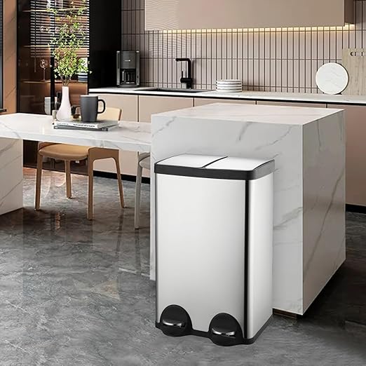 Dual Trash Can, 60 Liter/16 Gallon Dual Bin Trash Can with Lids, Trash and Recycling Bin Combo, Hands-Free Stainless Steel Kitchen Garbage Can, Silver Recycling Waste Bin for Home, Office