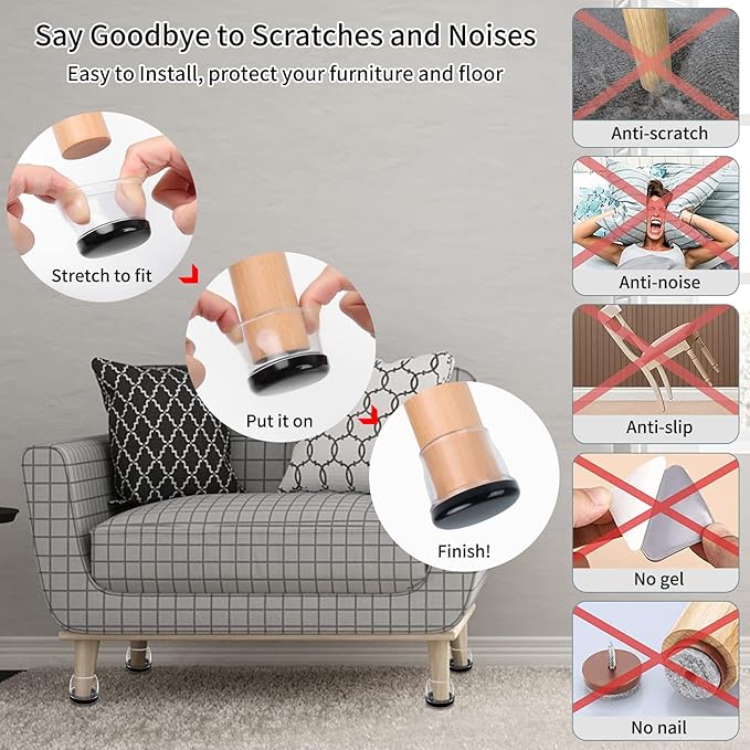 Ezprotekt 24 Pcs Large Clear Silicone Chair Leg Sliders for Carpet, Round Chair Glides for Rug, Teflon Furniture Pad Bar Stool Chair Leg Protectors Caps to Slide Smooth (XL Fit: 1-2/5" to 1-13/20")