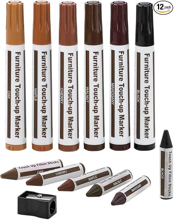 Furniture Repair Kit Wood Markers - Set of 13 - Markers and Wax Sticks with Sharpener Kit, for Stains, Scratches, Wood Floors, Tables, Desks, Carpenters, Bedposts, Touch Ups, and Cover Ups