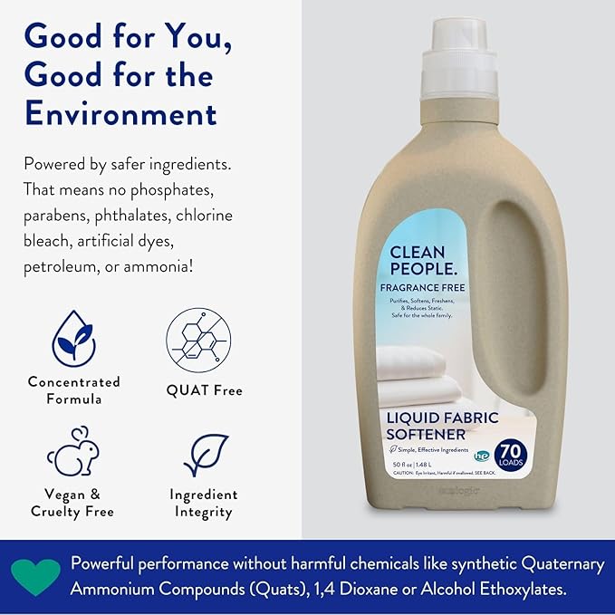 The Clean People Liquid Fabric Softener - Softens & Removes Static Cling - Vegan (50 Fl Oz, Fragrance Free)