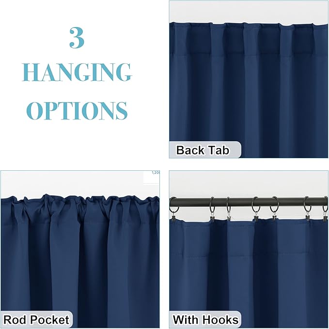 RYB HOME Small Window Curtains Blackout, Privacy Thermal Insulating Drapes for Bedroom Bathroom Basement Cafe Classroom Window Decor, W 34 x L 45 inches, Navy, 2 Panels