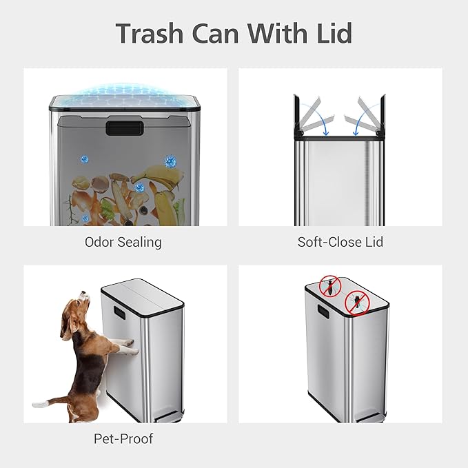 2 x 7.4 Gal (2 x 28L) Slim Trash Can, Stainless Steel Dual Compartment Step-On Recycling Bin with Butterfly Lids & Removable Plastic Inner Buckets for Kitchen, Home, Office