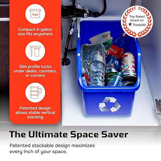 6 Gallon Stackable Recycling Bins for Homes, Garages, Offices Made of 100% Recycled Plastic - (Red, 1 Pack)