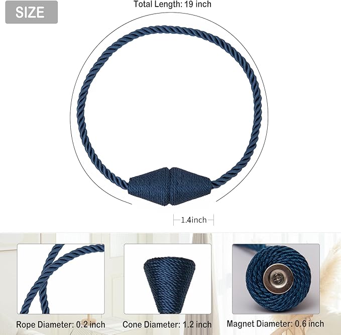 Magnetic Curtain Tiebacks 8 Pack Outdoor Rope Curtain Tie Backs Decorative Window Treatment Holdbacks for Home Decorative Curtain, Blue