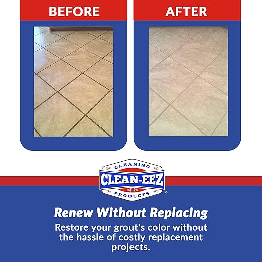 Clean-eez Grout-eez Tile Cleaner with Handheld Brush – 32 oz Heavy-Duty Stain Remover for Ceramic and Porcelain Surfaces – Safe for Colored Grout – Not for Natural Stone – Bathroom & Kitchen Use