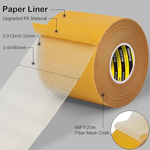 Double-Sided Mesh Carpet Tape Heavy Duty, 2.4in x 66FT (20m), Large Durable Duct Cloth Tape, High Stickiness Strong 2 Sided Tape for Rugs, Removable Multipurpose Tape, Easy Tear