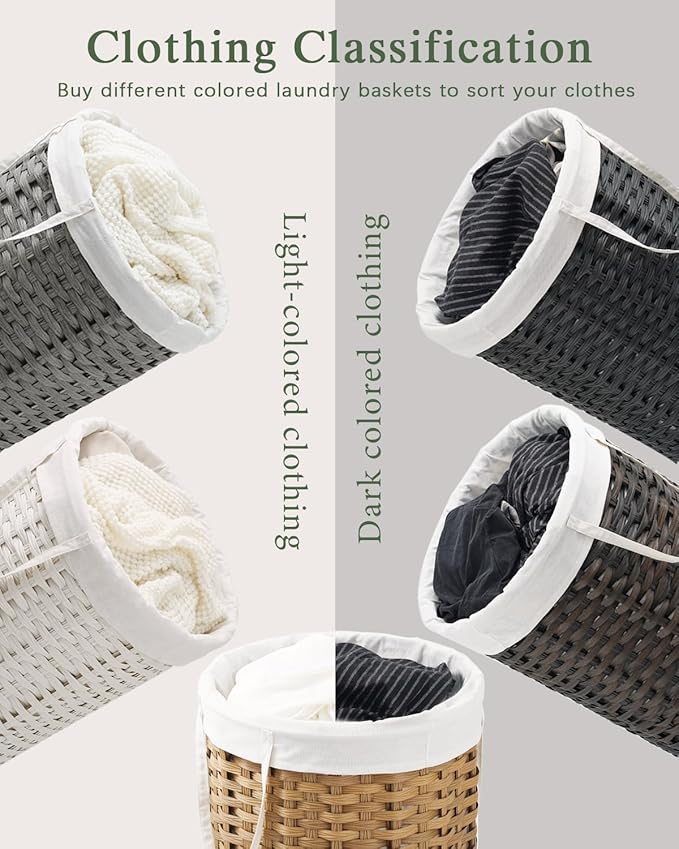 Laundry Hamper with Lid Laundry Basket with Lid 19.0 Gal (72 L) Round Laundry Basket Handwoven Rattan Basket with Lid Removable Bag 2 Mesh Bags Handles for Living Room Bathroom Gray