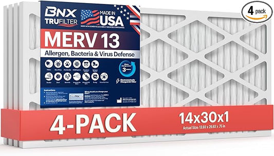 BNX TruFilter 14x30x1 Air Filter MERV 13 (4-Pack) - MADE IN USA - Electrostatic Pleated Air Conditioner HVAC AC Furnace Filters for Allergies, Pollen, Mold, Bacteria, Smoke, Allergen, MPR 1900 FPR 10