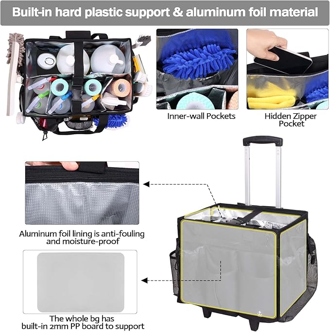 Extra Large Rolling Cleaning Caddy Bag with Detachable, Foldable Trolley Portable Cleaning Cart for Housekeeping Cleaning Caddy with Adjustable Shoulder Strap and Multiple Storage Pockets