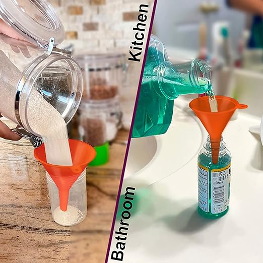Oil Funnel Set (Orange, 4-Pack) – Plastic Funnels for Automotive Use – Funnels for Kitchen Use Filling Bottles and containers – Funnel for Water Bottles, Gas, Car Oil, Lubricants and Fluids