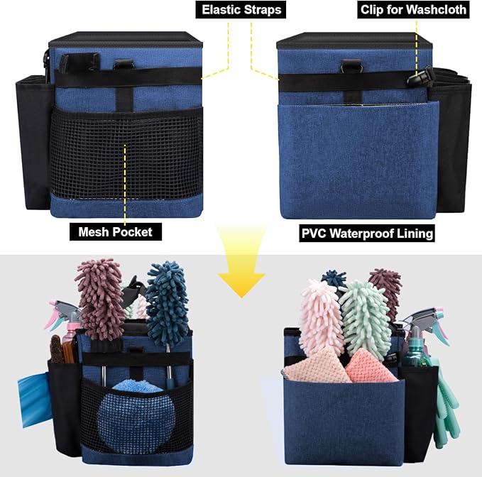 Wearable Large Cleaning Caddy Bag for Housekeeper, Clean Supply Organizer with Adjustable Shoulder, Waist & Handle Straps, Detailing Bag for Kitchen Supplies (Blue)