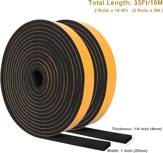 Weather Stripping Self Adhesive 1 in x 1/4 in, Weatherproof Foam Insulation Tapes Soundproof, High Density Seal Strips for Door Window, Easy Cut to Size, 2 Rolls Total 33Ft