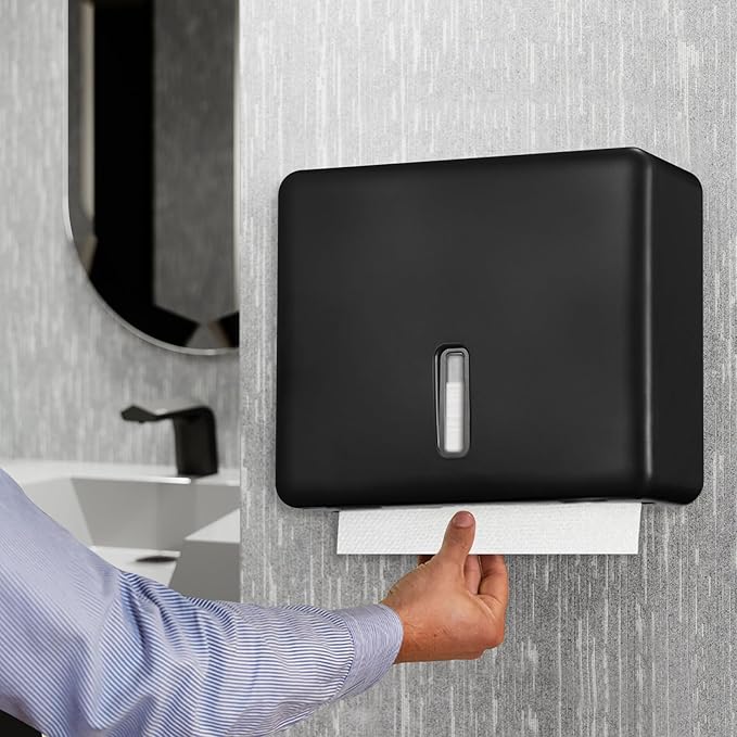 Multifold Paper Towel Dispenser Wall Mount (Black) – Large Capacity C-Fold, Trifold, and Folded Commercial Hand Towels Holder for Bathroom & Restroom – Adhesive or Screw Mounted