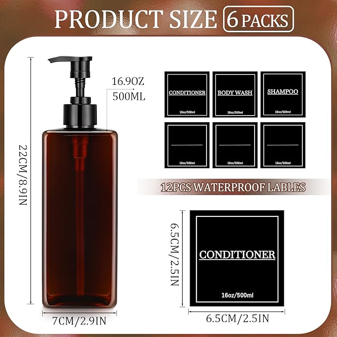 Tanlade 6 Pcs Shampoo and Conditioner Dispenser Bottles 16oz Modern Shower Soap Bottles with Pump, Labels and Marker Pen Easy to Refill Body Wash Dispensers for Home Bathroom Decoration(Brown)