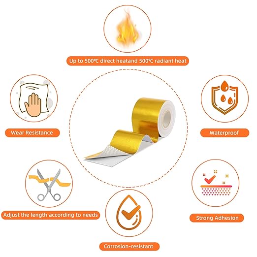 Zonon 2 Rolls Aluminum Foil Tape Heat Shield Tape Barrier Adhesive Reflective Fiberglass Thermal Insulation Reflective Material High Temp Protection(Gold,2 Inch X 32.8 ft)