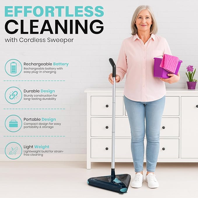 Zippi Sweeper Max - 2025 Version Lightweight Sweeper, Triangular Design Allows for Sweeping in Corners, Perfect for Short Carpet Hardwood and Tile, LED Light, 1 Hr Cleaning Time
