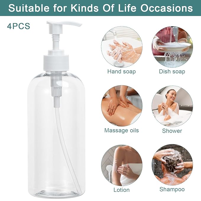 Yebeauty Pump Bottle Dispenser, 3 Pack 17oz/500ml Dish Lotion Soap Dispenser Plastic Liquid Shampoo Container for Bathroom Kitchen Hotel Body Wash, Clear