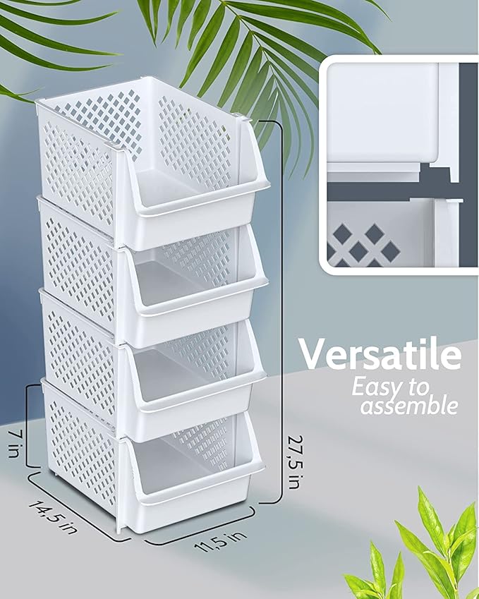 TidyFriend Plastic Stackable Bins for Pantry, 24 Pack Large Stacking Bins Open Front Kitchen, and Bathroom Organization, Open Front Design (White)