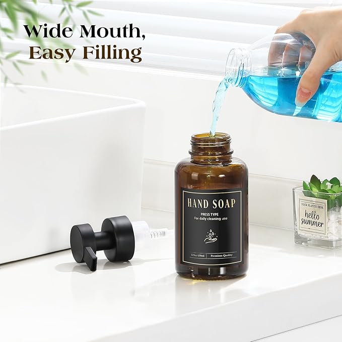 Luxspire Foaming Soap Dispenser, Glass Foam Pump Soap Dispenser, Non-Slip Silicone Sleeve & 5 Waterproof Labels, 15 Oz Refillable Liquid Bottle for Bathroom & Kitchen, Amber, 1 Pack