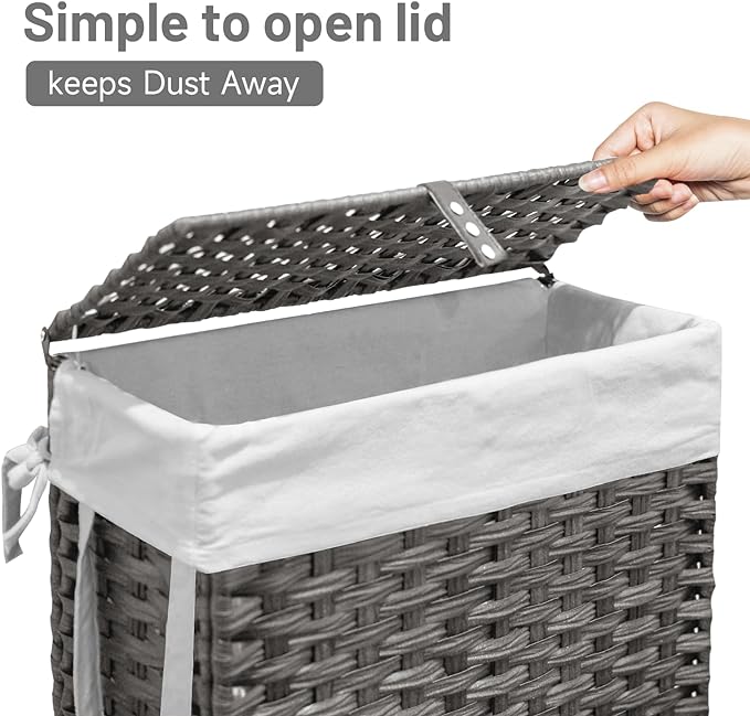 70L Slim Laundry Hamper with Lid & Wheels, Rolling Laundry Basket with 2 Removable Liner Bags & 3 Mesh Bags, Narrow Dirty Clothes Basket, Foldable Handwoven Rattan Laundry Sorter, Grey