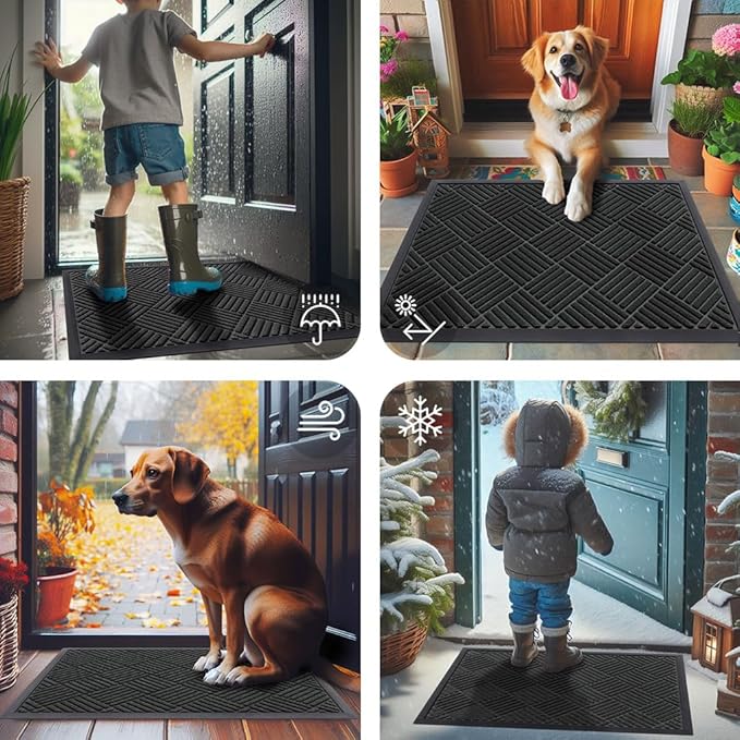 Smiry Front Door Mat Outside Entrance, Heavy Duty Outdoor Indoor Natural Rubber Doormat, Non Slip, Trap Dirt and Moisture, Easy Clean, Low Profile Patio Porch Entryway Mat, 47x32, Black
