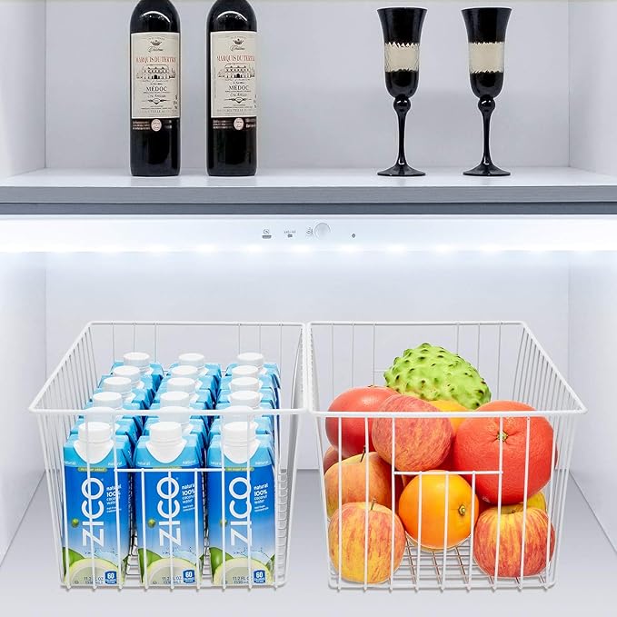 Upright Freezer Organizer Bins，Freezer Storage Baskets for 16, 17, 21 cu.ft Standup Freezer, Wire Storage Baskets with Built-in Handles, 6Pcs , White