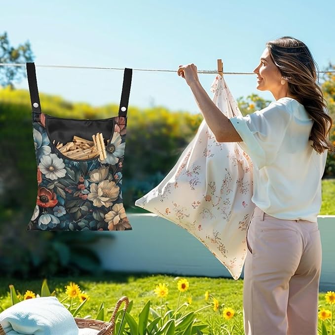 Art Flowers Clothes Pin Bag Holder - 14.5 x 12 Inch Lightweight Clothespin Bag for Easy Hang