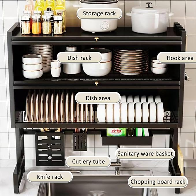 Dish Drying Rack 4 Tiers with Cover, Keep Kitchen Sink Shlef Organized Space-Saving, Large Drying Rack for Dishes, Glasses, Bowls, Cutlery black W-41.3in