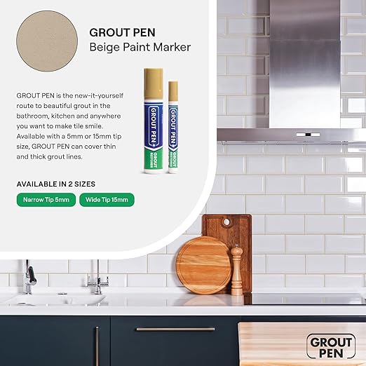 Grout Pen Beige Tile Paint Marker: Waterproof Grout Paint, Tile Grout Colorant and Sealer Pen - Narrow 5mm, 2 Pack with Extra Tips (7mL) - Beige