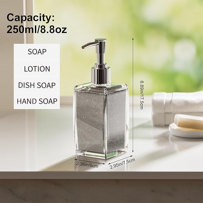 Silver Soap Dispenser with Refillable Plastic Pump for Bathroom Sink or Kitchen Counter, Ideal for Hand Soap, Liquid Soap, Dish Soap, or Lotion Use