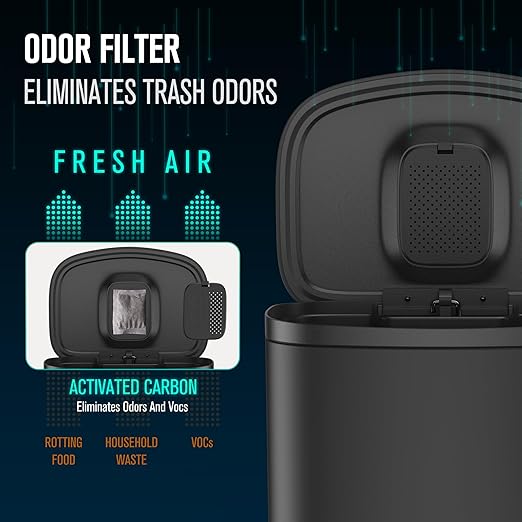 13 Gallon Stainless Steel Foot Pedal Large Trash Can with Soft Close Quiet Curved Surface Top Lid and Deodorant Storage Space, with 30 Garbage Bags for Kitchen/Home/Office Trash can and More - Black