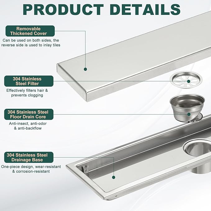 uxcell Rectangular Shower Drain, Brushed 304 Stainless Steel Odor-Proof Floor Drain Linear Shower Drain Hair Catcher for Bathroom Kitchen and Laundry Room(16 Inch, Brushed Silver)