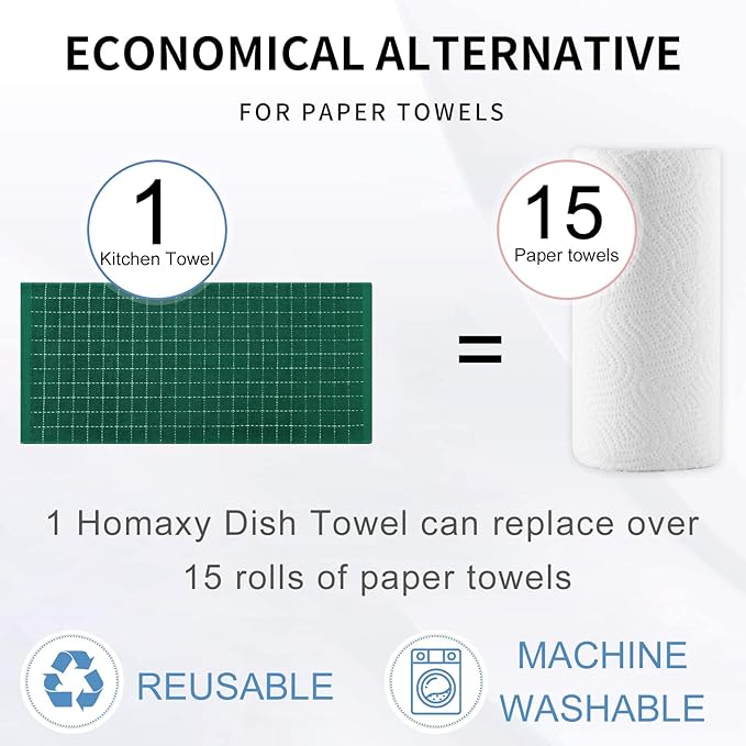 Homaxy 100% Cotton Terry Kitchen Towels(Dark Green, 13 x 28 inches), Checkered Designed, Soft and Super Absorbent Dish Towels, 8 Pack
