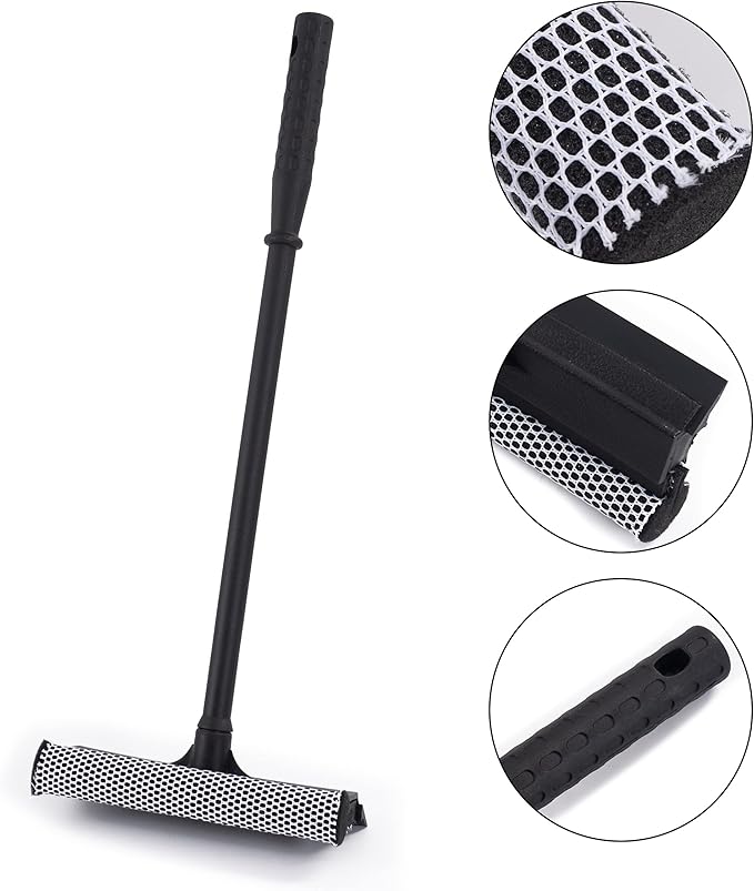 Matthew All Purpose Window Squeegee w/Premium Microfiber Cloth 3Pcs,Car Squeegee Windshield Cleaning Sponge and Rubber Squeegee,2-in-1 Window Cleaner Sponge(8'') and Soft Rubber with Pole 20''(3Pack)