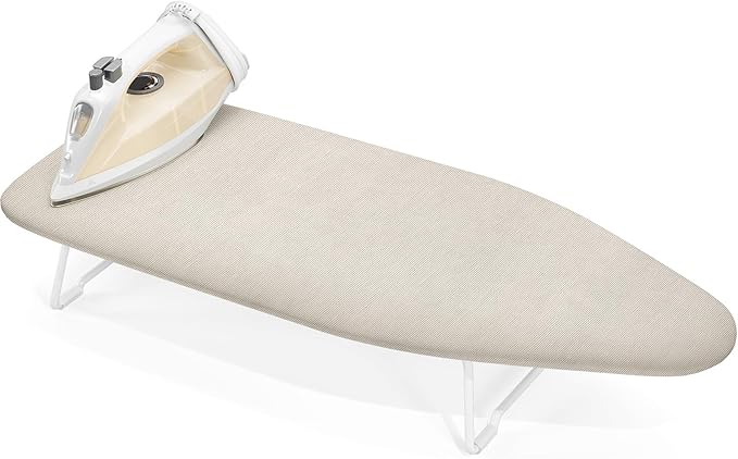 Small Ironing Board Tabletop with Heat Resistant Cover, Compact Mini Ironing Board with Metal mesh Frame, for dorms, aprtment and Travel, Hook for Hanging, Iron Board 30x12, Iron Table Stand Beige