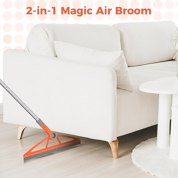 2-in-1 Air Broom, 180° Rotating 54 Inch Adjustable Silicone Rubber Broom Includes 2 Scraping Strips, Sweep and Silicone Tools with Long Handle for Cleaning Bathrooms,Glass,Tiles,Pet Hair