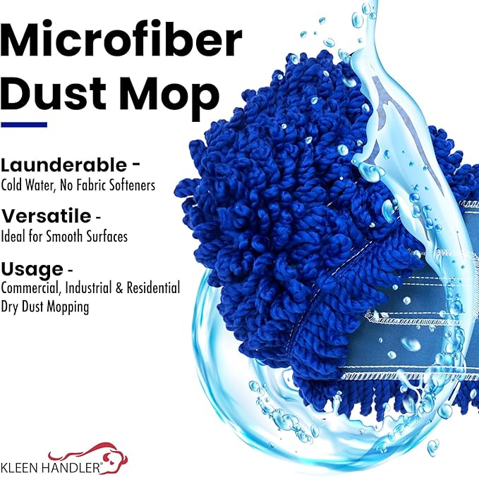 KLEEN HANDLER 24 Inch Microfiber Dust Mop, Medium Washable Commercial, Sweeper, Janitorial Head Replacement, Push Mop Broom, Blue