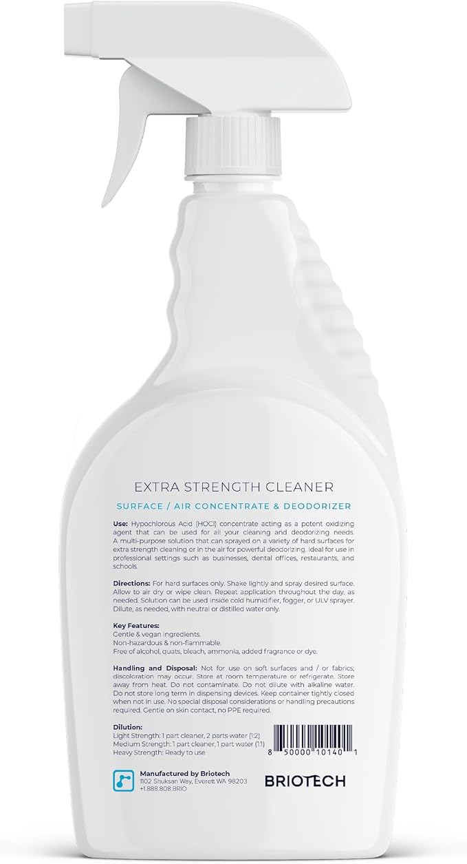 BRIOTECH Extra Strength HOCl Cleaner, 500 PPM Hypochlorous Acid Concentrate, ULV Foggers & Humidifiers, Professional Deodorizer for Dental, Offices, Schools, Homes, Peroxide Free, 32 fl oz