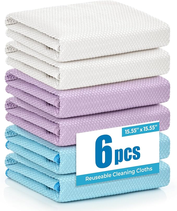 Nanoscale Microfiber Cloths 15.55”x 15.55”, Glass Window Mirror Stainless Steel Car Cleaning, Streak-Free, Lint-Free, Super Thick & Absorbent, Reusable, 6 Pack (White/Blue/Purple)