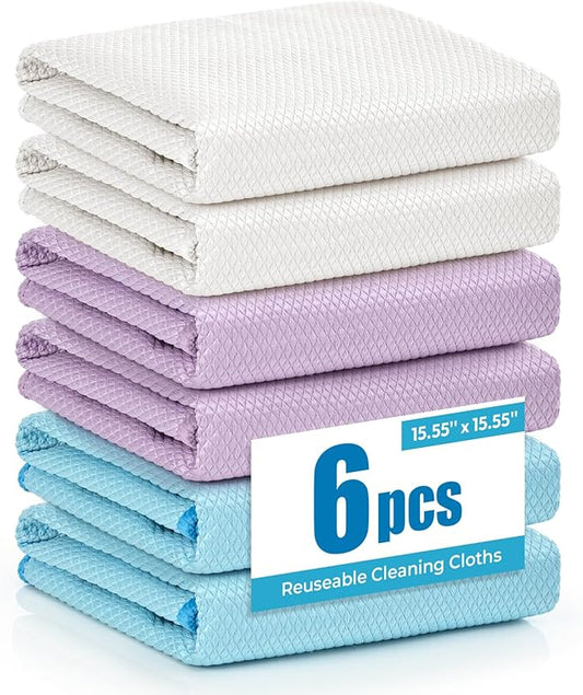 Nanoscale Microfiber Cloths 15.55”x 15.55”, Glass Window Mirror Stainless Steel Car Cleaning, Streak-Free, Lint-Free, Super Thick & Absorbent, Reusable, 6 Pack (White/Blue/Purple)