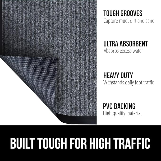 GORILLA GRIP Traffic Guard Door Mat, 70x24, Heavy Duty Welcome Mats, Commercial Office Space Doormat, Waterproof, Fade Resistant, Strong Rubber Backing, Low Profile, Shoe and Boot Scraper, Gray