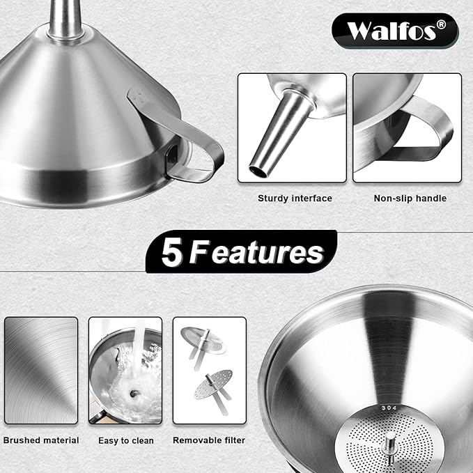 Stainless Steel Funnel, Walfos 3 Different Sizes of Kitchen funnels with 2 Removable Strainer ＆ 1Pcs Cleaning Brush, for Transferring of Liquid, Oils, Jam, Powder