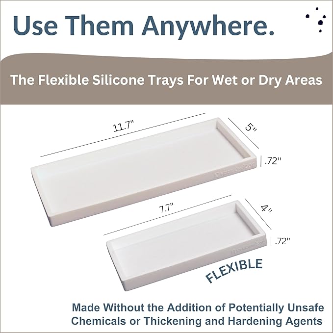 Countertop and Vanity Tray - 2 PC (11” and 7”) Shatterproof Silicone Kitchen and Bathroom Trays for Counter, Kitchen Soap Dispenser Tray, Vanity Trays for Bathroom, Perfume Key Tray