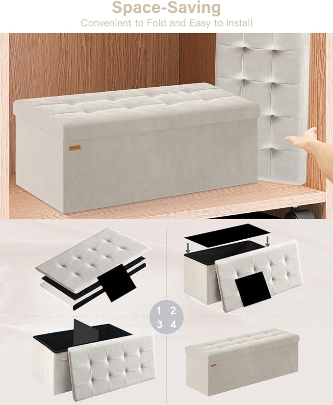 Folding Storage Ottoman, Velvet Storage Bench, Footrest, Removable Divider, for Living Room, Bedroom, 15 x 43 x 15 Inches, 660 lb Load Capacity, Cream White UASND02W