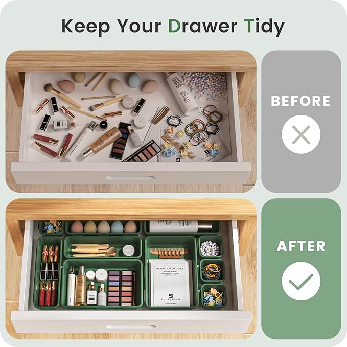 A-LuGei 【28PCS】 Drawer Organizer, Bathroom Organizers and Storage, Makeup organizer, Desk drawer organizer, Storage Bins for Kitchen Office Bedroom Vanity Jewelry Pantry Garage【ArmyGreen】【4Size】