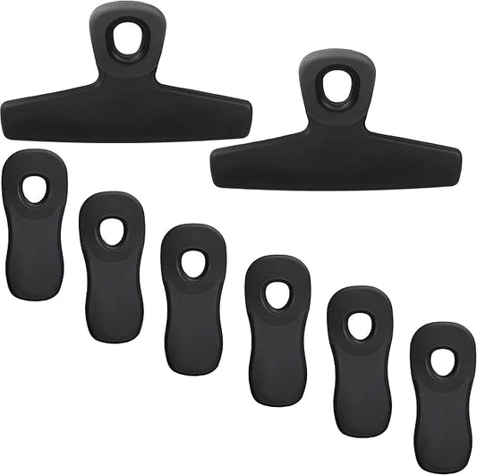 COOK WITH COLOR Bag Clips, Heavy Duty Chip Clip and Refrigerator Magnet Clips for Food Storage with Air Tight Seal Grip for Snack Bags and Food Bags (Black, Pack of 8)