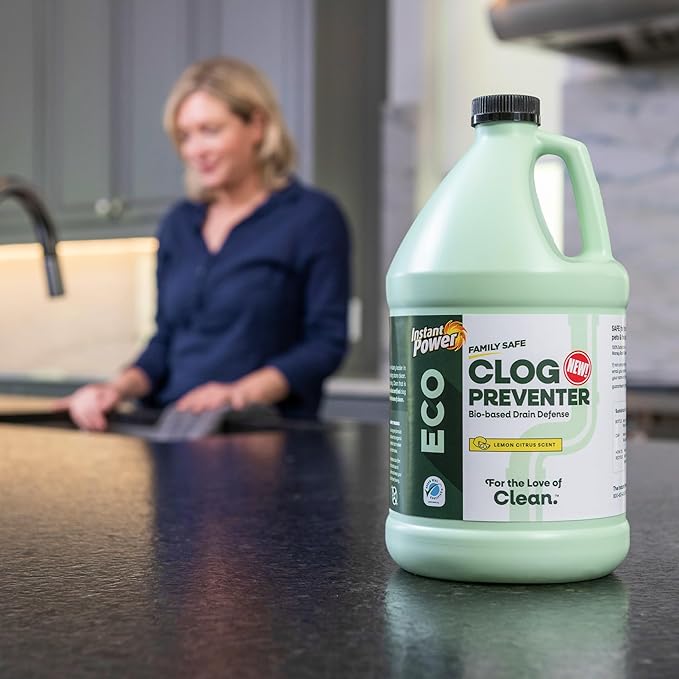 Instant Power Eco Clog Preventer - Enzyme Drain Cleaner Liquid and Deodorizer for Sink, Shower, Toilet, Garbage Disposal Cleaner, Bio-Based Drain Defense, Smell Remover and Odor Eliminator - 1 Gallon